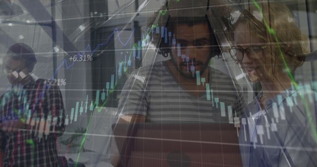 Multiracial colleagues examine stock market trends displayed on transparent screens. Potential use in financial services advertisements, investment blogs, business consultancy reports, stock market analysis websites, corporate training presentations.