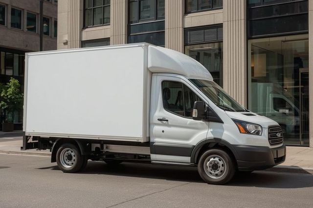 White Box Delivery Truck Parked in Urban City Scenery
