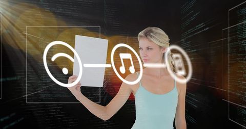 Woman Analyzing Virtual Data Interface with Technology Icons