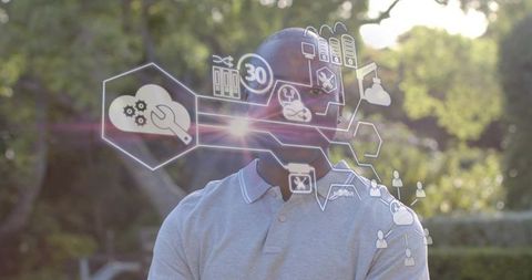Man standing with augmented reality holographic tech interface overlay in sunlit garden