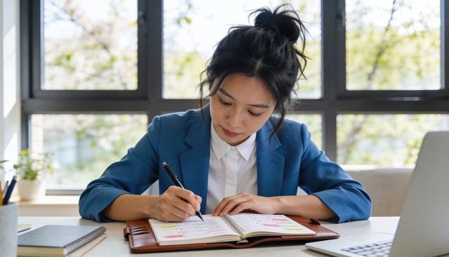 Focused professional woman planning schedule in leather planner at modern office desk