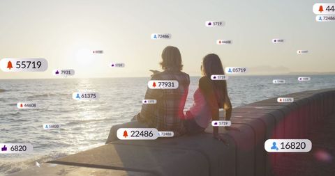 Couple Enjoying Sunset by Sea with Social Media Icons