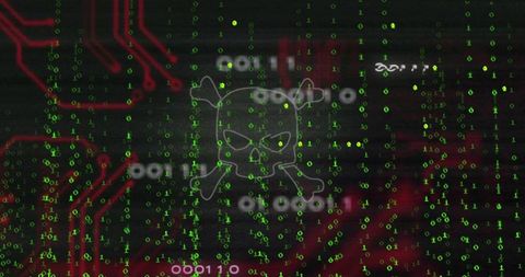 Neon skull-and-crossbones HUD showing falling green binary and red circuit traces