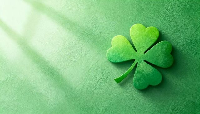 Emerald four-leaf shamrock resting on textured green background with soft light and copy space