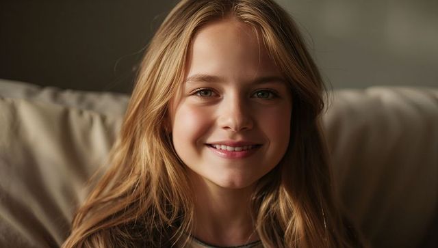 Smiling preteen girl sitting on beige couch in cozy living room, natural light portrait