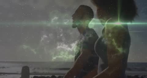 Couple Embracing Cosmic Serenity on Seaside Stroll