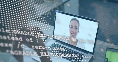 Businesswoman on Online Meeting with Overlay of Data