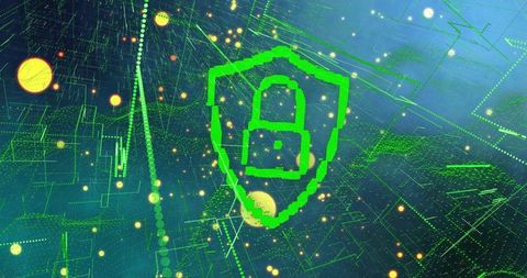 Neon Green Pixelated Padlock Shield Hovering Over Futuristic Circuit Grid for Cybersecurity