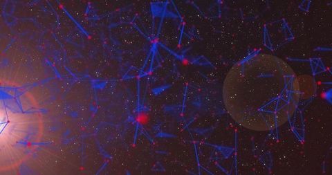 Glowing blue mesh with red nodes connecting across starfield, futuristic network