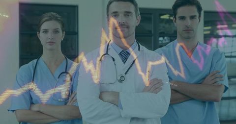 Confident medical team with ecg overlay illustrating healthcare prowess