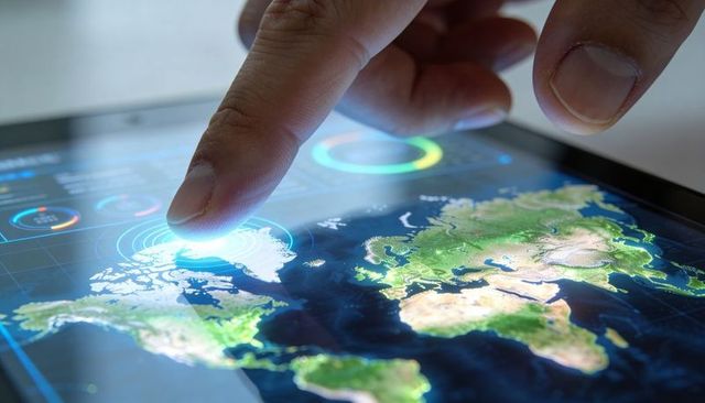 Tapping World Map Touchscreen Navigating Global Topography Visualization with Glowing Touch