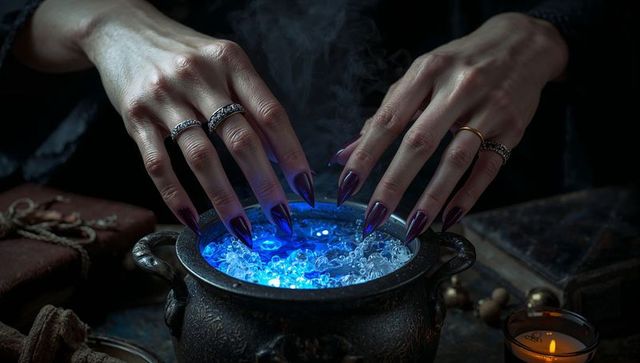 Mystical hands over glowing cauldron with crystals in mysterious ambience