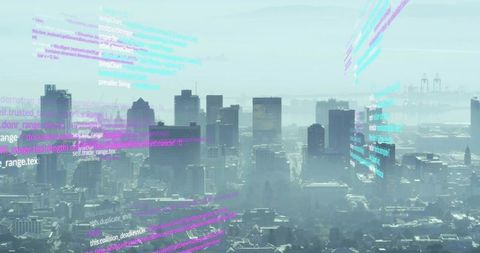 Holographic Code Overlay Hovering Above Foggy Urban Skyline, Futuristic Neon Data Cityscape