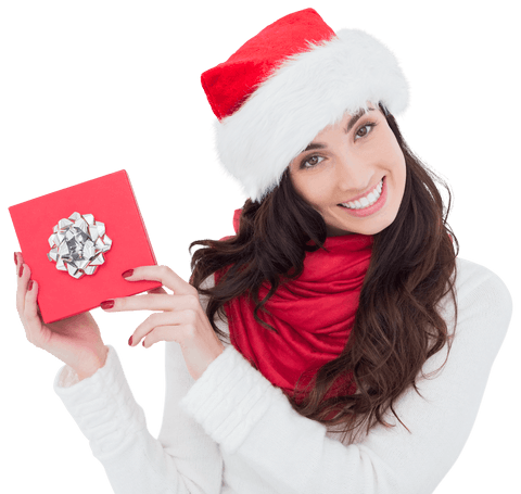 Joyful Woman in Santa Hat Presenting Christmas Gift on Transparent Background