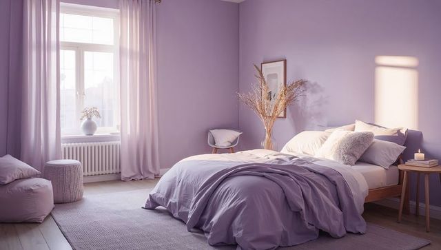 Lavender bedroom retreat featuring cozy duvet, plush pillows, soft light and minimalist decor
