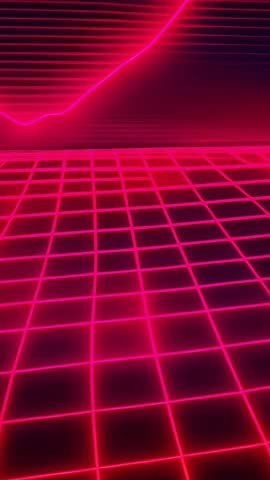 Showing neon wireframe grid with ascending glowing line graph in vertical retro data video