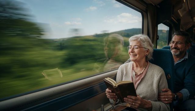 Senior woman reading hardcover book and smiling on scenic countryside train journey