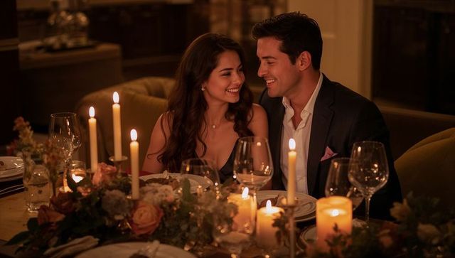 Candlelit dinner romance on velvet banquette with roses, wine glasses and elegant couple