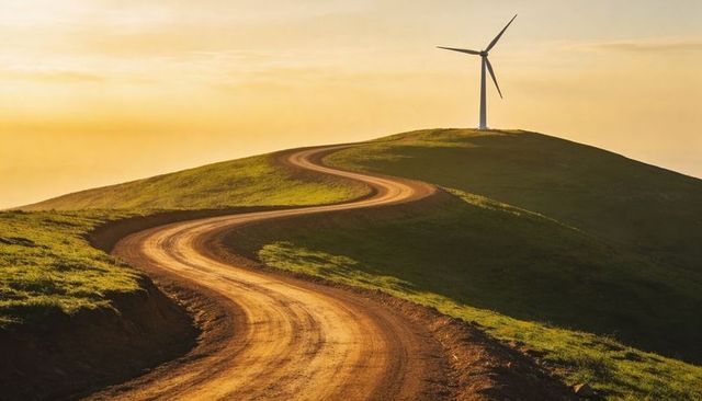 Winding dirt road leading to wind turbine on golden grassy hills at sunset