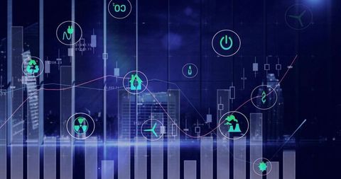 Neon fintech energy hud over night skyline with candlestick charts and sustainability icons