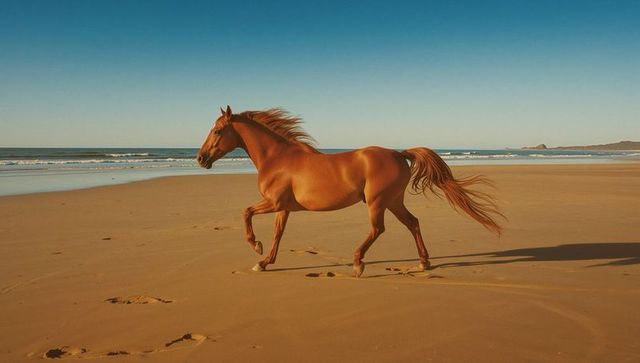 Majestic Chestnut Horse Galloping on Sandy Beach