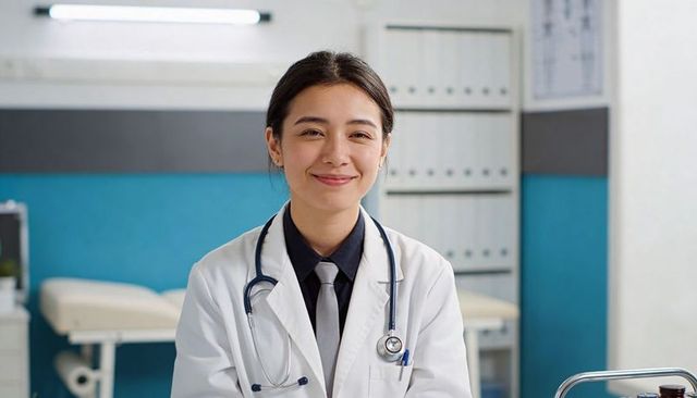 Smiling asian woman doctor wearing white lab coat and stethoscope in clinical office