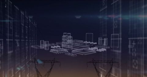 Digital metaverse city over electric grid with futuristic technology visualization