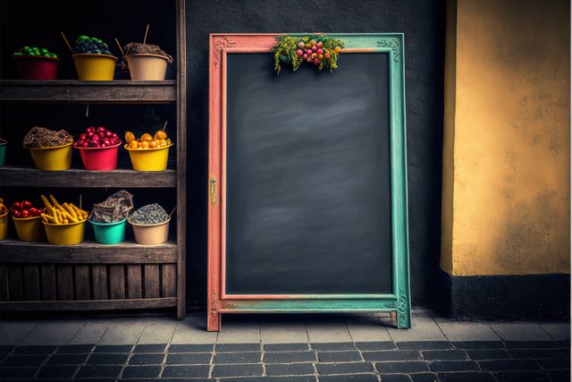 Chalkboard outside store with vegetables and copy space, created using generative ai technology. Shopping and retail concept, digitally generated image.