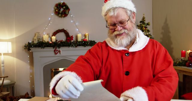 A Caucasian senior man dressed as Santa Claus reads a letter, with copy space on the left side of the image. His expression suggests he is enjoying a heartwarming moment during the festive Christmas season.