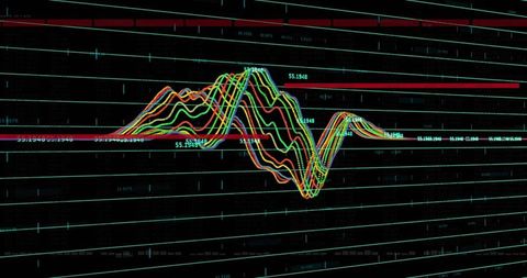 Multicolor waveform analytics dashboard showing real-time data waves neon grid overlay