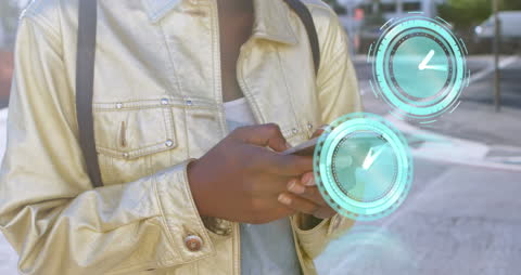 Businesswoman Using Smartphone with Digital Interface Overlay