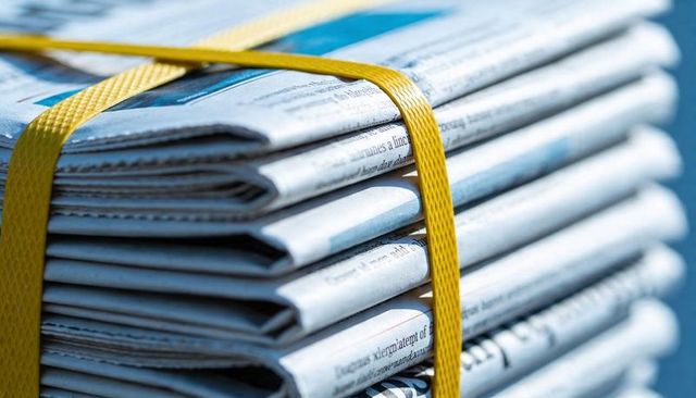 Stacked newspapers bound by yellow strap closeup for print news and delivery concept