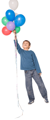 Joyful boy holding colorful balloons transparent background