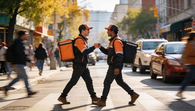 Urban delivery couriers walking, fist-bumping on crosswalk carrying insulated backpacks