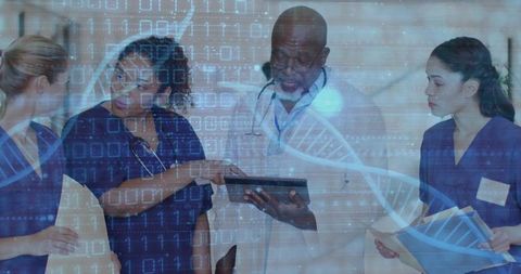 Healthcare team reviewing genomic data on tablet with digital DNA and binary overlay