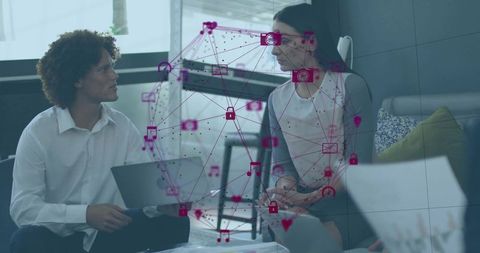 Discussing digital network overlay in modern office lounge, collaborating on connected ideas
