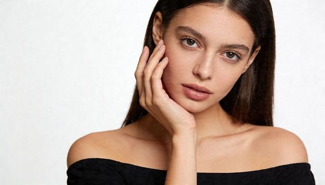 Serene close-up beauty portrait woman touching jawline minimalist off-shoulder look