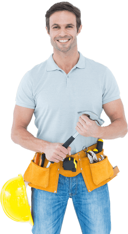 smiling handyman with hammer wearing tool belt transparent background - Download Free Stock Videos Pikwizard.com