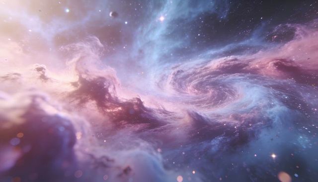 Swirling spiral nebula forming luminous whirlpool in pastel interstellar clouds