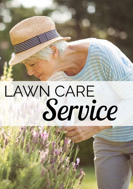 Senior woman wearing straw hat in a well-tended garden, enjoying lavender flowers, perfect for promoting tranquil and eco-friendly lawn care services. Ideal for use in advertisements, blog posts, websites, or social media campaigns focusing on gardening, elderly health, and outdoor activities.