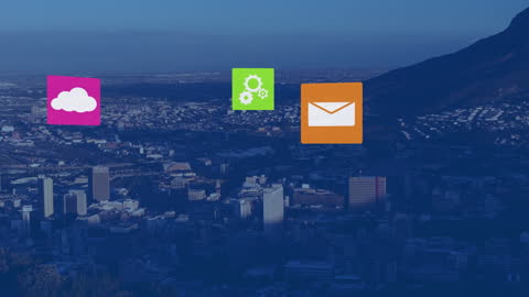 Digital Icons Over Urban Cityscape