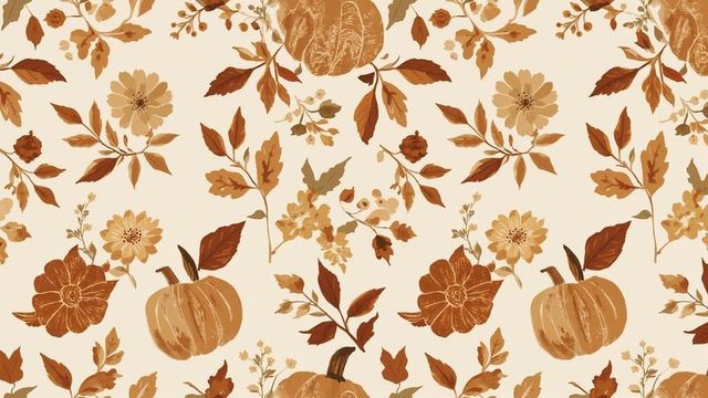 Rustic Autumnal Pattern with Pumpkins and Floral Blossoms