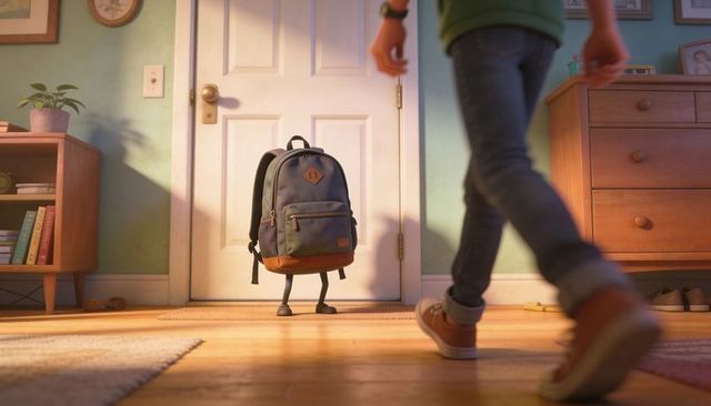 Anthropomorphic backpack standing at door while child walking into sunlit hallway
