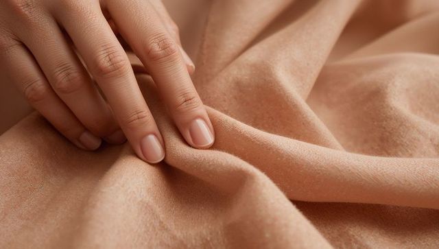 Manicured hand pinching and smoothing soft beige-pink fabric close-up for textile texture
