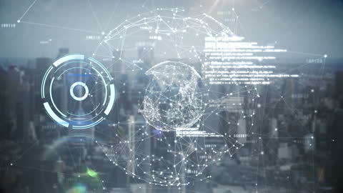 Digital Interface and Global Connections Over Cityscape