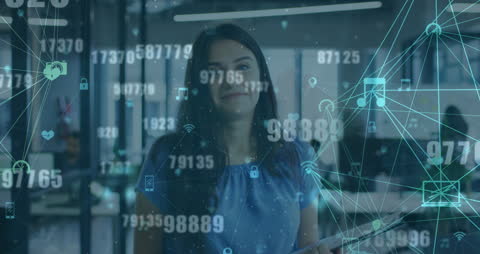 Businesswoman Analyzing Digital Financial Networks in Office