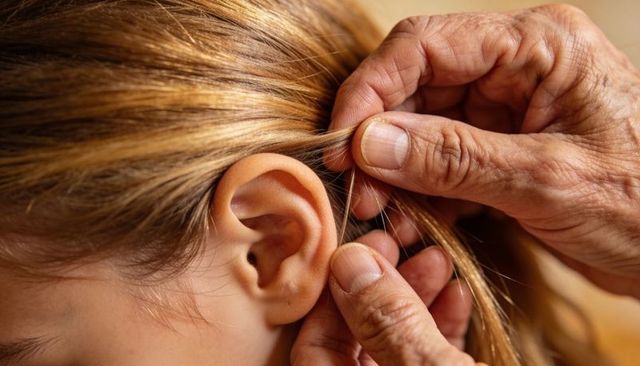 Senior hands tying child light brown hair near ear showing tender care and family bond
