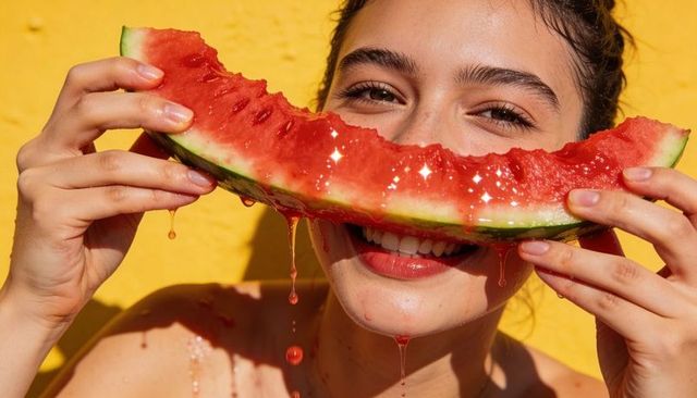 Smiling woman biting juicy watermelon slice dripping red juice, vibrant summer portrait