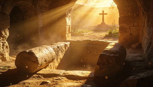 Sunlit empty tomb with rolled stone and cross beyond entrance, ancient stone chamber dawn