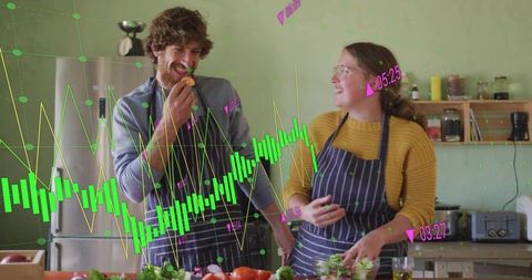 Couple cooking and tasting salad in kitchen with green candlestick stock market overlay